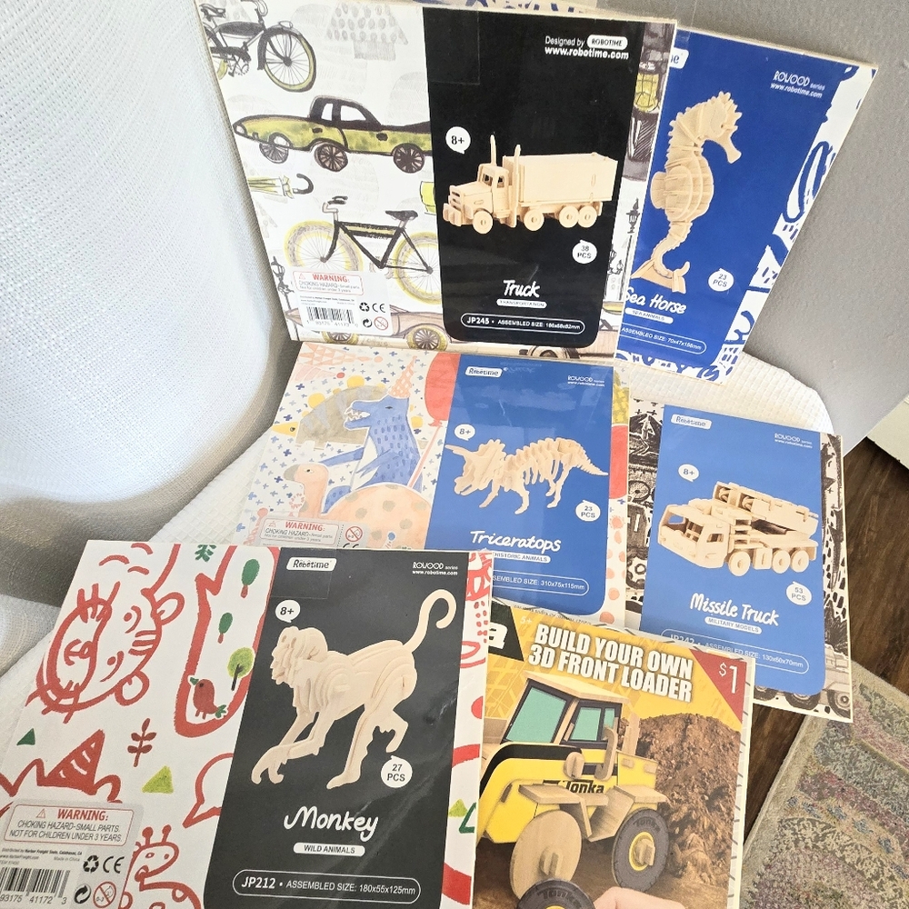 Rowood Ready To Assemble Wood Puzzle Lot Tonka Loader Truck Dinosaur Monkey 8 yr
